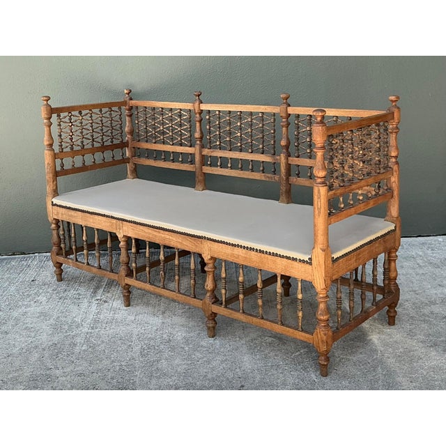 English Vintage Carved Wood Spindle Bench For Sale - Image 3 of 18