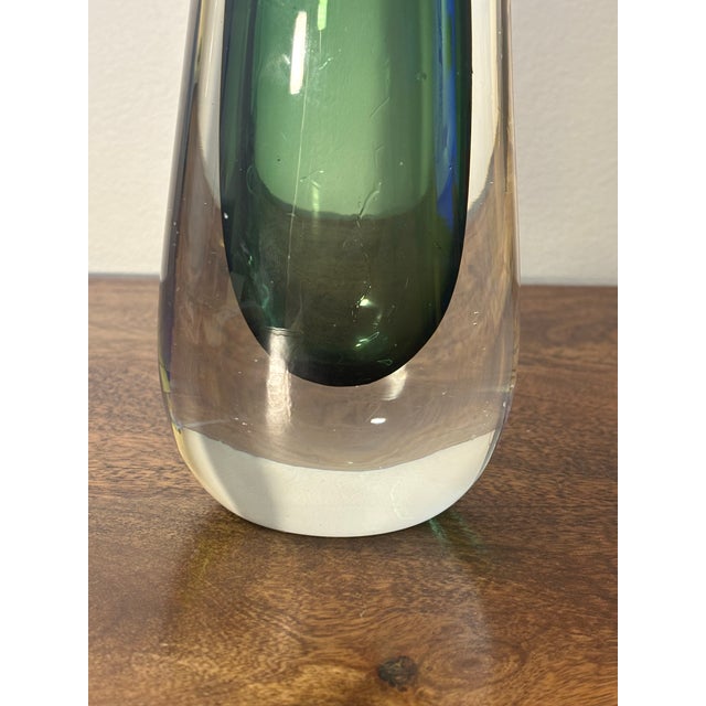 Murano Vintage Coastal Hand Blown Green Cased Art Glass Vase With Cut Rim For Sale - Image 4 of 7