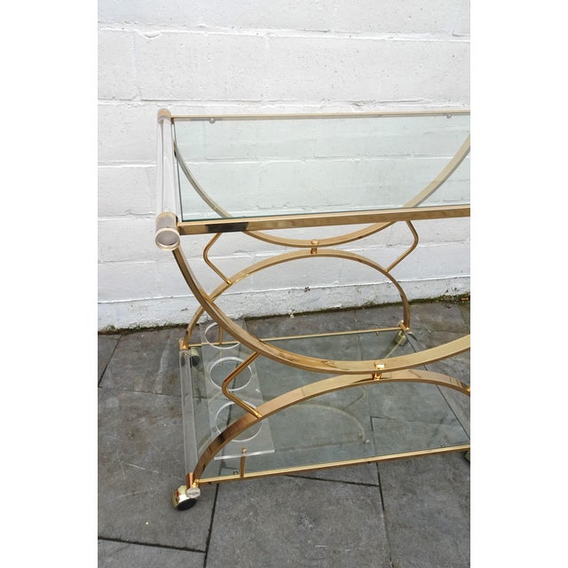 1970s Large Gilded Brass, Glass and Acrylic Glass Bar Cart, 1970s For Sale - Image 5 of 12