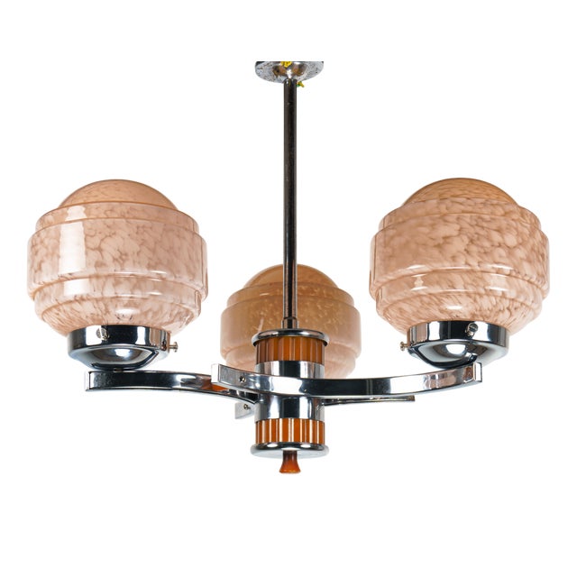 Art Deco Bakelite, Chrome & Pink Glass 3-Arm Chandelier, 1930s For Sale