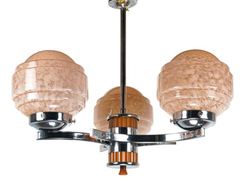 Art Deco Bakelite, Chrome & Pink Glass 3-Arm Chandelier, 1930s