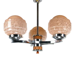 Art Deco Bakelite, Chrome & Pink Glass 3-Arm Chandelier, 1930s