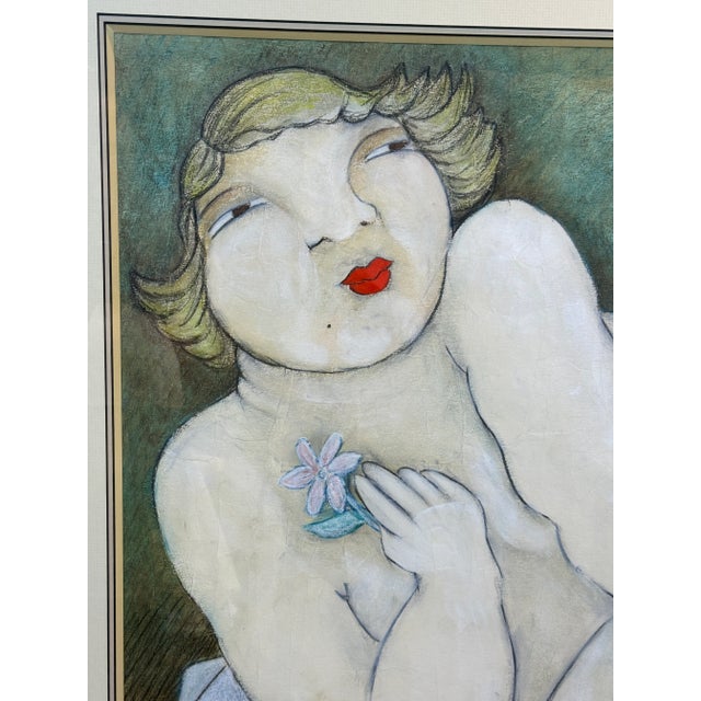This painting depicts the nude portrait of a robust woman with bright red lips. She is comfortable with herself and in her...
