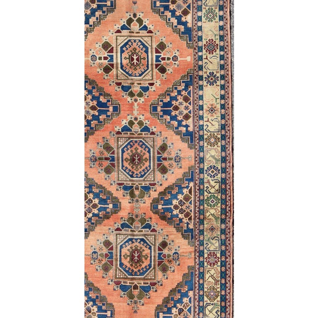 Vintage Oushak Rug From Turkey With Medallions in Salmon Pink and Blue 5'5 X 11'4 For Sale - Image 4 of 8
