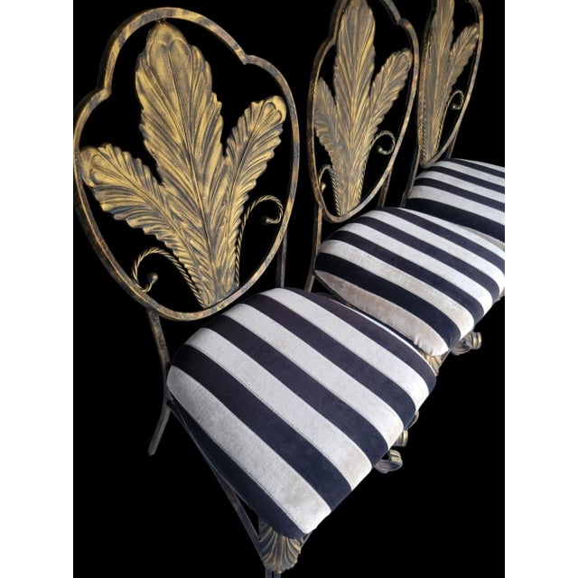 1990s Hollywood Regency Gold Gilt Metal Leaf Back Dining Chairs With Black & Cream Striped Upholstery - Set of 6 For Sale - Image 9 of 15