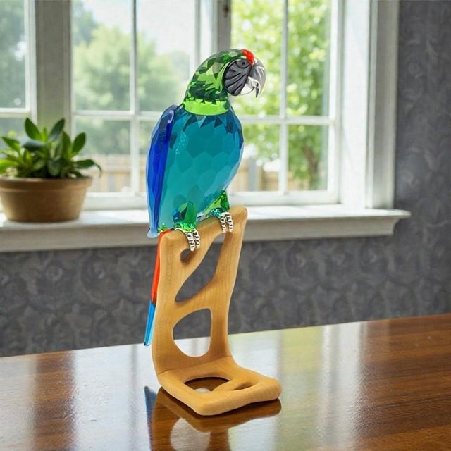 Swarovski Crystal Sculpture “Paradise Birds” Large “Macaw” Chrome Accent and Wooden Stand (#685824 With Inner Box, Outer Sleeve, Coa) For Sale - Image 18 of 18