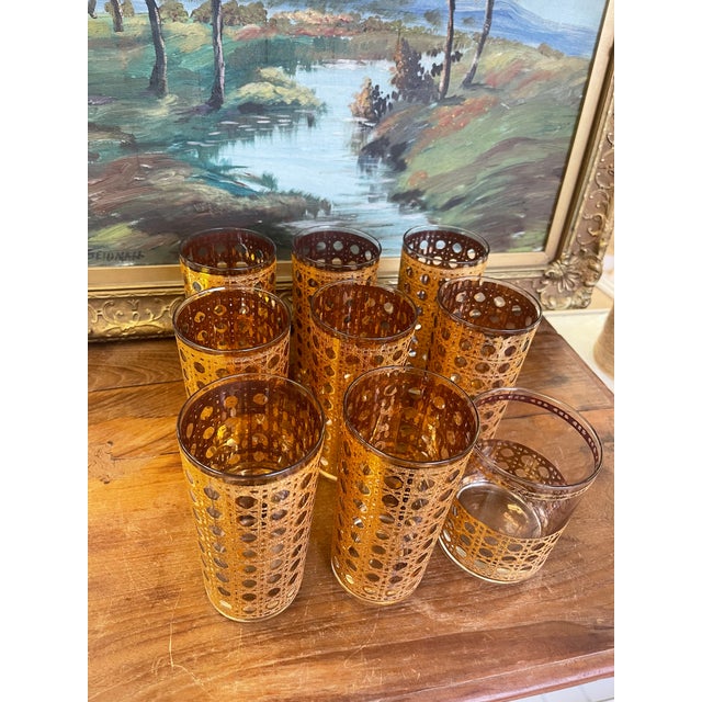 1960s Mid-Century Modern 1960s Gold-Toned Filigree Highball & Lowball Glassware Set - Set of 9 For Sale - Image 5 of 10