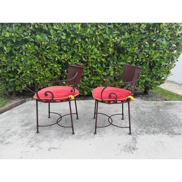 Metal Vintage Scroll Arm Wrought Iron Patio Dining Chairs - Pair For Sale - Image 7 of 12
