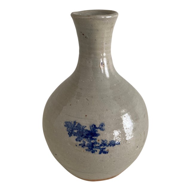 Antique Ceramic Bottle Vase With Cobalt Blue Blossom Vine Motif For Sale