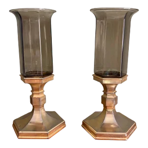 1980s Nagel Smoked Glass and Metal Candleholders- Set of 2