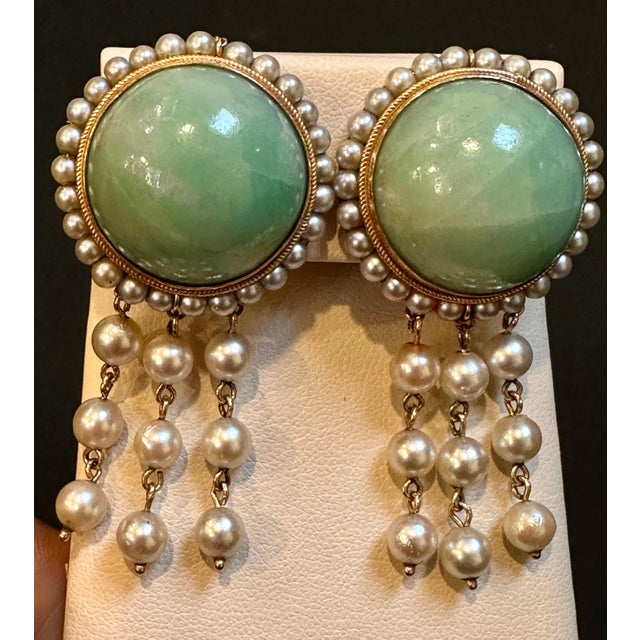 Vintage Natural Jade Earring & Ring Set + Natural Pearls, 14 K Yellow Gold 48 Gm For Sale - Image 18 of 18