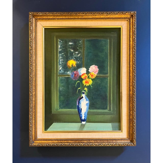 Contemporary Oil Painting of Flowers in a Blue and White Vase For Sale - Image 3 of 3