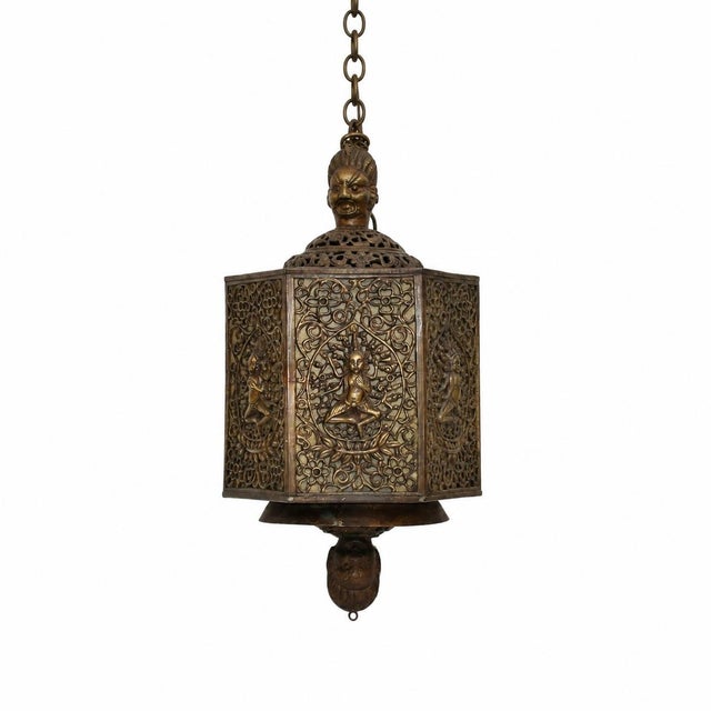 Early 20th Century Antique Indian Goddess Pendant Light Lantern Copper Brass Filigree For Sale - Image 5 of 14