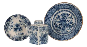 Dutch Blue and White Delftware Tea Caddy and Cabinet Plates, 1940s, Set of 3