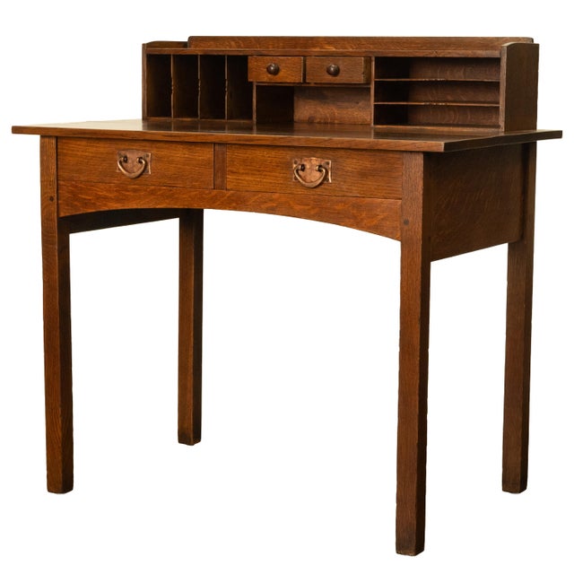 Wood Antique American Arts & Crafts Mission Oak Gustav Stickley Postcard Desk 1905 For Sale - Image 7 of 12