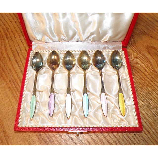 1960s 1960s Box of 6 Frigast Sterling Silver Demitasse Spoons Set, Gold Wash, Guilloche Enamel For Sale - Image 5 of 6