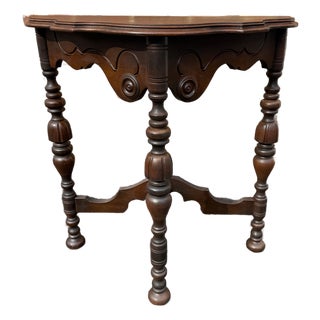 Early 20th Century Edwardian Carved Walnut Stretcher Demilune Console Table, For Sale