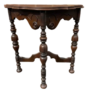 Early 20th Century Edwardian Carved Walnut Stretcher Demilune Console Table,