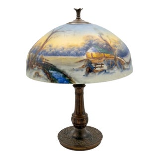 Early 20th Century Pittsburgh Reverse-Painted Winter Landscape Table Lamp – 17" Shade For Sale