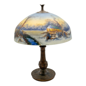 Early 20th Century Pittsburgh Reverse-Painted Winter Landscape Table Lamp – 17" Shade