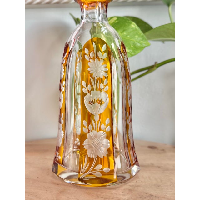 Early 20th Century Vintage Art Deco Amber Cut Floral Etched Crystal Decanter Set With 6 Glasses - 7 pcs For Sale - Image 5 of 12