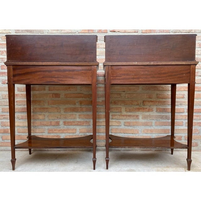 1940s Pair of Neoclassical Marquetry Bedside Tables With Drawers and Upper Compartment For Sale - Image 9 of 18