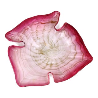 Vintage Murano Dark Pink Rim Copper Aventurine Swirls Italian Art Glass Decorative Leaf Shaped Bowl For Sale