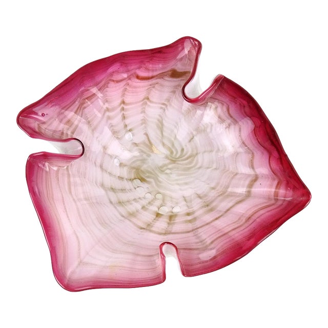 Vintage Murano Dark Pink Rim Copper Aventurine Swirls Italian Art Glass Decorative Leaf Shaped Bowl For Sale