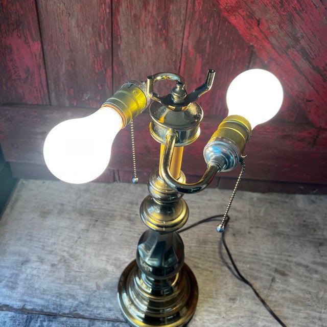 Metal Vintage Brass Table Lamp With Dual Bulb Sockets & Pull Chains For Sale - Image 7 of 14