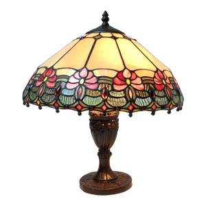 Vintage Tiffany Style Stained Art Glass Floral Leaded Slag Table Lamp