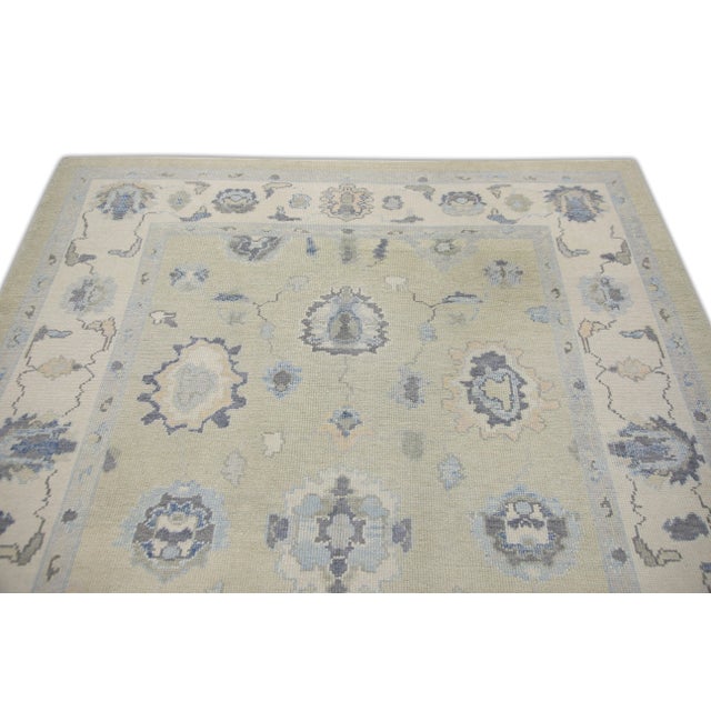 Early 21st Century Tan & Blue Floral Design Handwoven Wool Turkish Oushak Rug 6'3" X 8'7" For Sale - Image 5 of 7