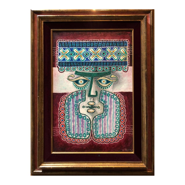 Pinchas ShaarBearded man, Jewish King or Rabbi Polish Israeli Folk Art Modernist Oil Painting, c.1960 For Sale