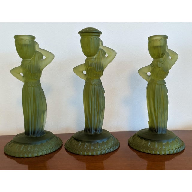 Vintage Fostoria Green Glass Rebecca at the Well 3Piece Figurine