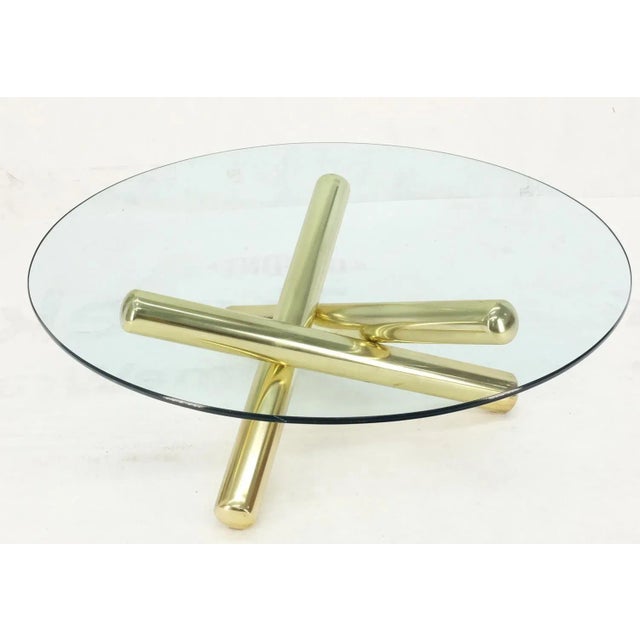 Metal Large Thick Brass Spikes to Form Jack Tripod Base Round Glass Top Coffee Table For Sale - Image 7 of 13