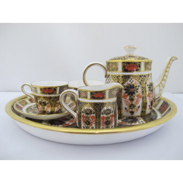 Asian Antique Royal Crown Derby 1128 Old Imari Bone China Full Miniature Tea Set & Oval Tray For Sale - Image 3 of 18