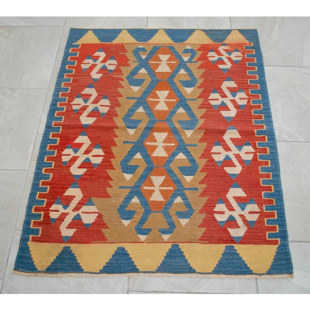 Flat Weave Kilim Rug, Vintage Oushak Rug Village Wool, Red Gold Blue Geometric, 3x4 Ft Approx For Sale - Image 14 of 16