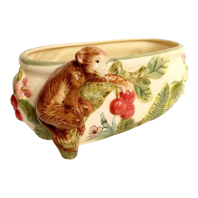 Vintage Yellow Red Green Whimsical Oval Regency Monkey Tropical Cache Pot Planter For Sale