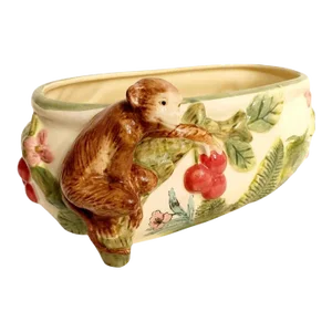 Vintage Yellow Red Green Whimsical Oval Regency Monkey Tropical Cache Pot Planter
