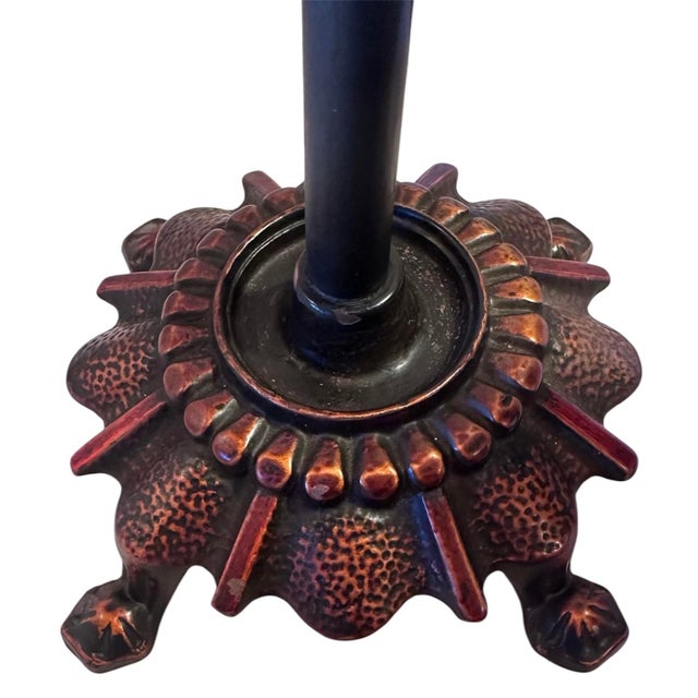 Arts & Crafts 1910s Arts and Crafts Cast Iron Table Lamp With Original Mica and Brass Shade Original Patina For Sale - Image 3 of 5