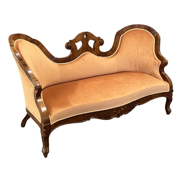 Antique Wood and Velvet Sofa For Sale