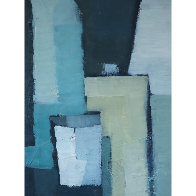 Mid-Century Modern 'Bottles in Blue Geometry' Vintage Swedish Cubist Still Life Oil Painting, Framed For Sale - Image 11 of 13