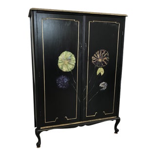 Antique Art Deco Style Hand Painted Black Armoire For Sale