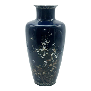 Japanese Cloisonne Vase. Hayashi Kodenji (1831-1915) Dark Blue, Flowers, Birds