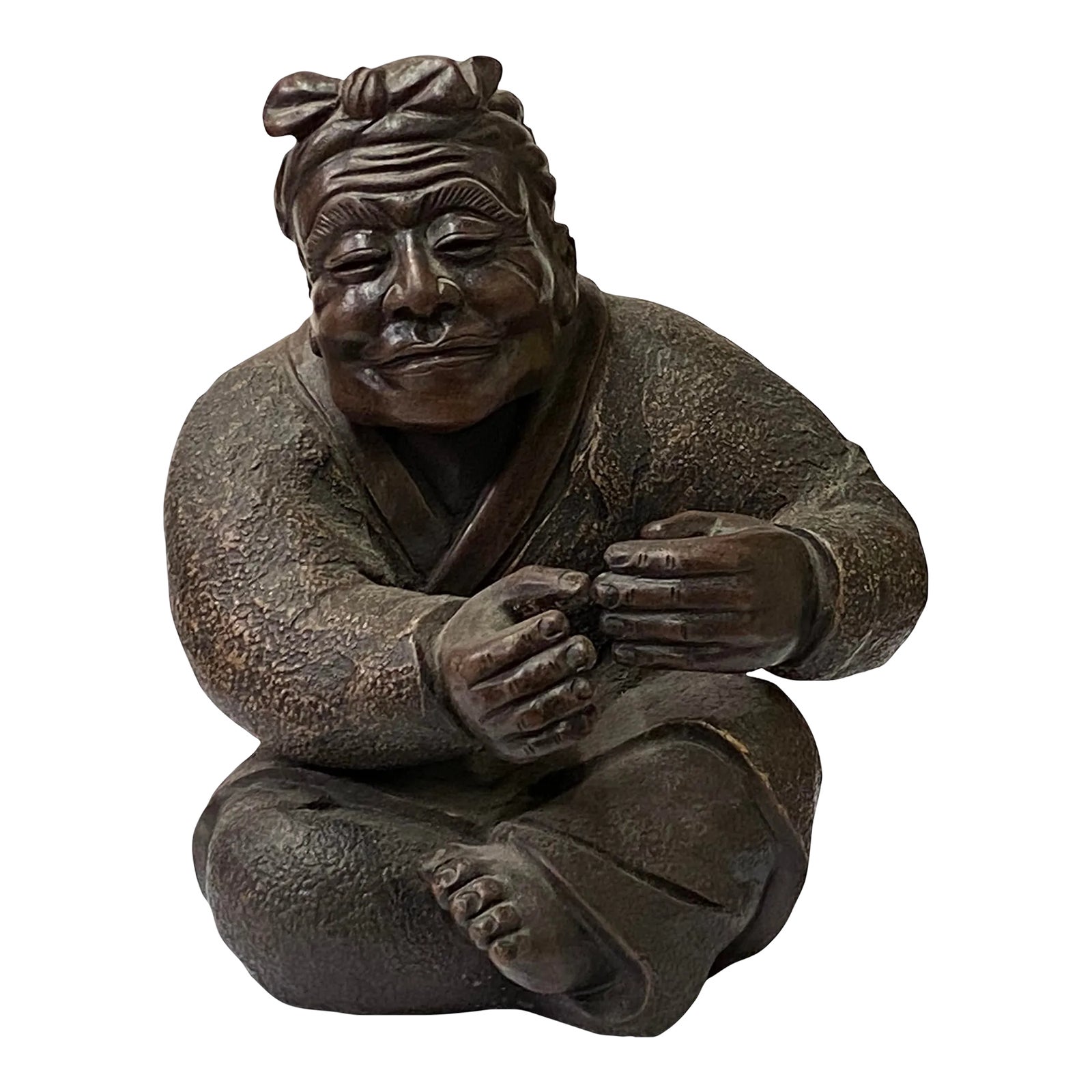 Chinese Distressed Brown Rough Marks Ceramic Clay Man Art Figure | Chairish