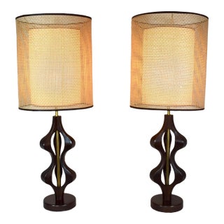 1970's Mid Century Modern Sculptural Walnut Table Lamps For Sale