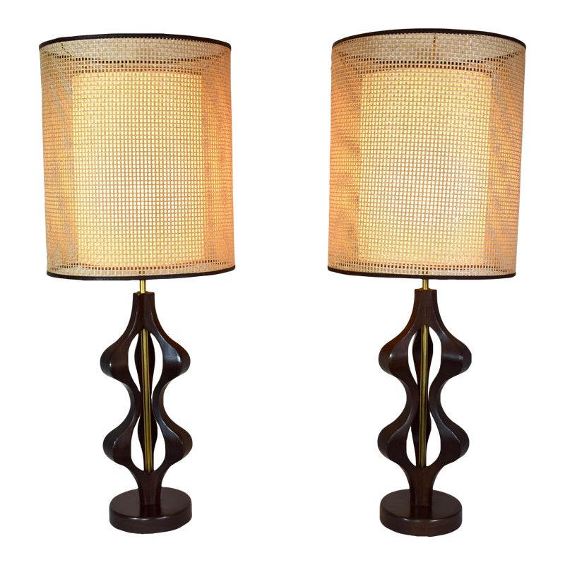 1970's Mid Century Modern Sculptural Walnut Table Lamps