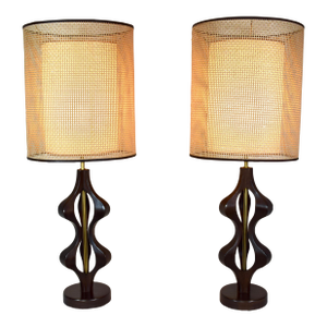 1970's Mid Century Modern Sculptural Walnut Table Lamps