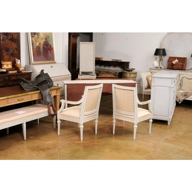 Cream 1900s Swedish Gustavian Style Painted Wood Armchairs with Carved Aprons - A Pair For Sale - Image 8 of 11