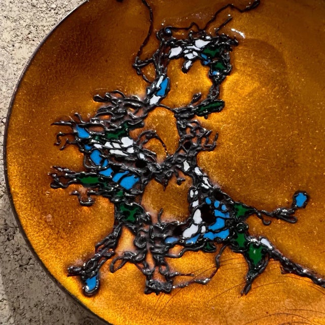 Mid-Century Modern 1960s Modernist Gold & Blue Copper Enamel Plate Abstract Design by Margot Dohan For Sale - Image 3 of 8