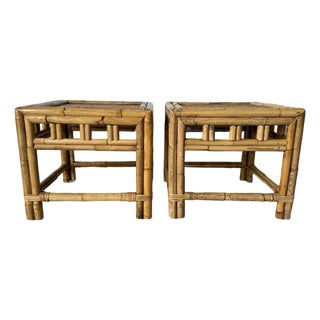 Pair of Vintage Coastal Boho Chic Bamboo Rattan Side Tables For Sale